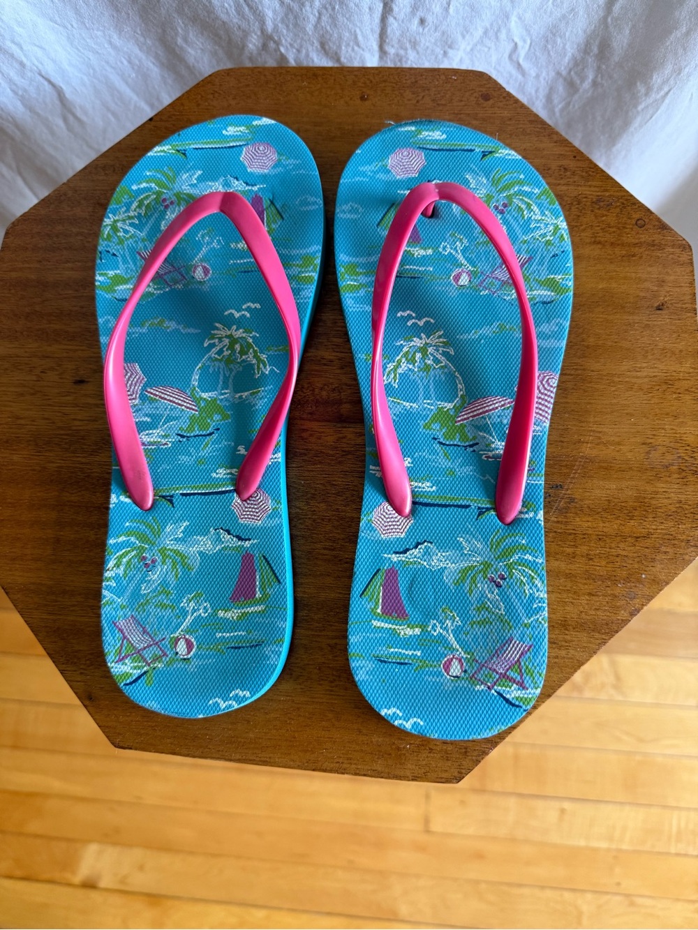 Old Navy Turquoise Tropical Flip Flops with Pink Straps